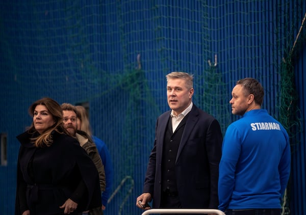 Iceland's current prime minister Bjarni Benediktsson arrives to cast his ballot in the Iceland election at a polling station, in Gardabaer, Reykjavik metropolitan area, Iceland, Saturday, Nov. 30, 2024. (AP Photo/Marco Di Marco)