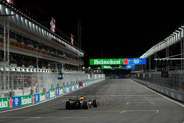 Red Bull driver Max Verstappen, of the Netherlands, races during the F1 Las Vegas Grand Prix auto race, Saturday, Nov. 23, 2024, in Las Vegas. (AP Photo/Matt York)