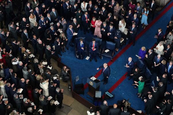 President Donald Trump speaks during the 60th Presidential Inauguration in the Rotunda of the U.S. Capitol in Washington, Monday, Jan. 20, 2025. (Andrew Harnik/Pool Photo via AP)