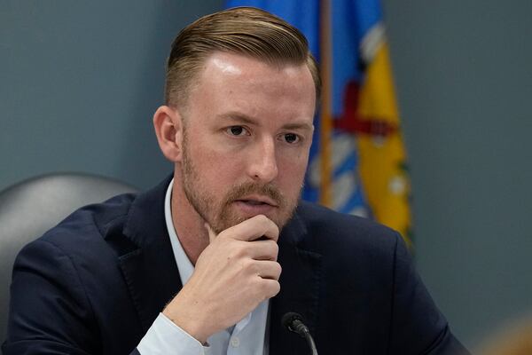 FILE - Oklahoma Superintendent of Public Instruction Ryan Walters speaks during a special state Board of Education meeting, April 12, 2023, in Oklahoma City. (AP Photo/Sue Ogrocki, File)