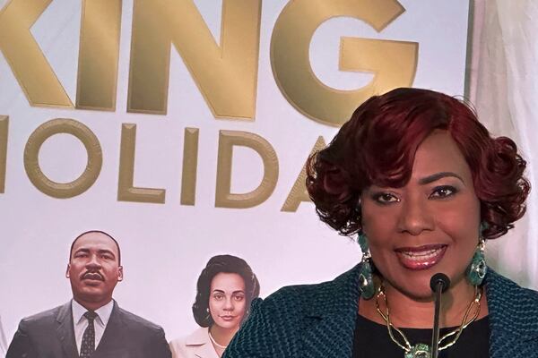 FILE - King Center CEO Bernice King, daughter of the Rev. Martin Luther King Jr., speaks during a news conference at the King Center in Atlanta, Jan. 7, 2025. (AP Photo/Kate Brumback, File)