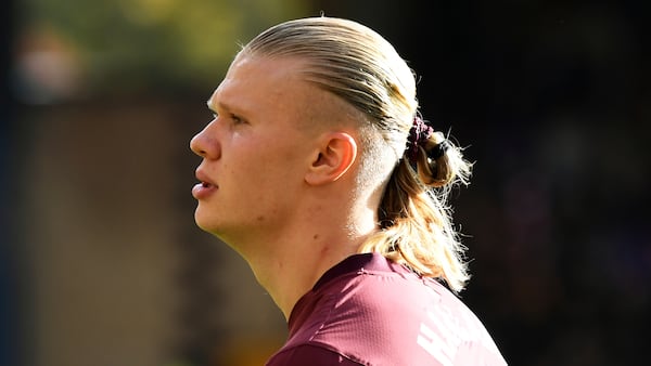 FILE -Manchester City's Erling Haaland during the English Premier League soccer match between Wolverhampton Wanderers and Manchester City at Molineux stadium in Wolverhampton, England, Oct. 20, 2024. (AP Photo/Rui Vieira, File)