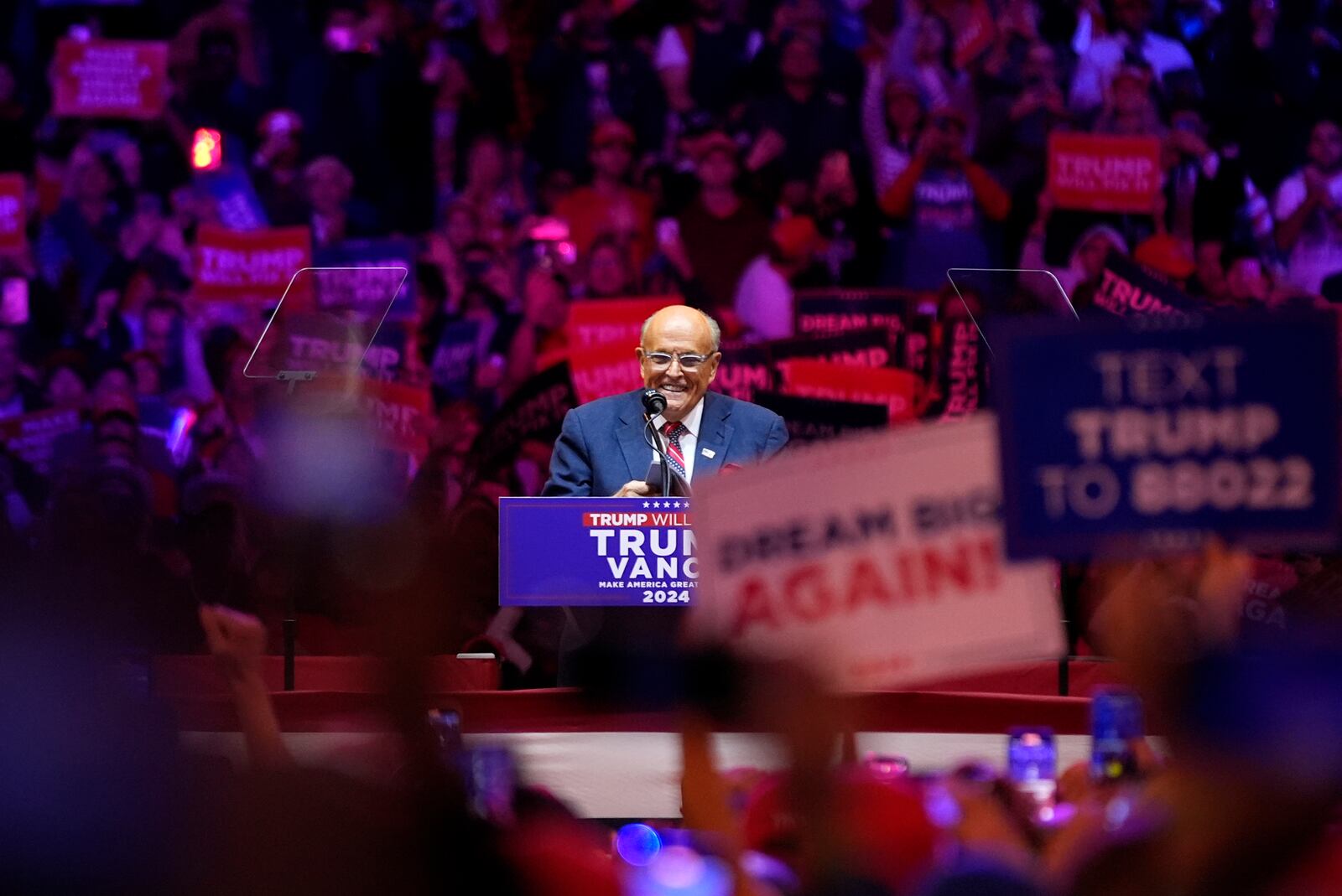 Rudy Giuliani speaks before Republican presidential nominee former President Donald Trump at a campaign rally at Madison Square Garden, Sunday, Oct. 27, 2024, in New York. (AP Photo/Alex Brandon)