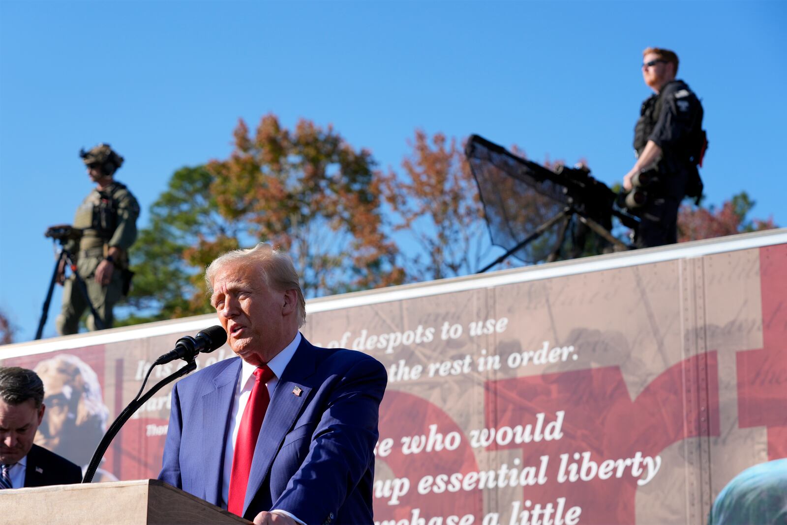 Republican presidential nominee former President Donald Trump speaks to an overflow crowd after a faith town halla at Christ Chapel Zebulon, Wednesday, Oct. 23, 2024, in Zebulon, Ga. (AP Photo/Alex Brandon)