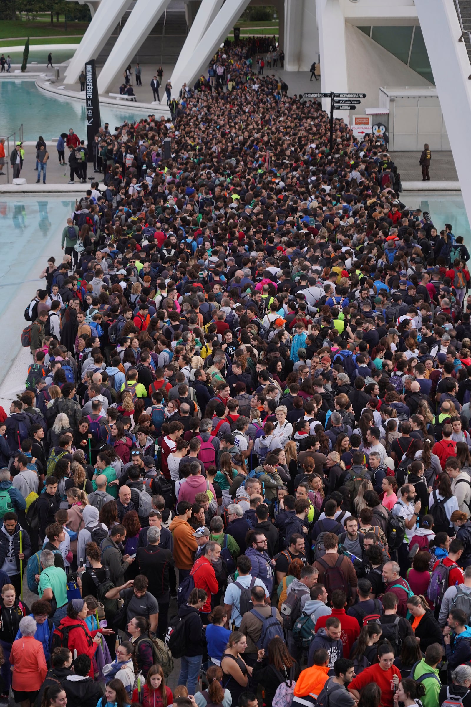 Thousands of volunteers show up at the City of Arts and Sciences cultural complex to be assigned work schedules to help with the clean up operation after floods in Valencia, Spain, Saturday, Nov. 2, 2024. (AP Photo/Alberto Saiz)