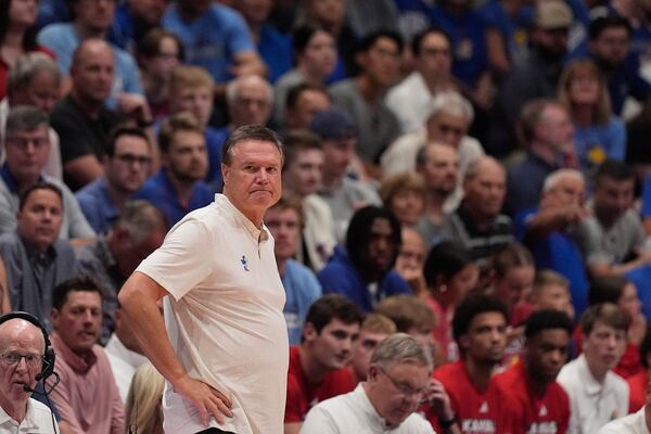 Kansas head coach Bill Self watches during the second half of an exhibition NCAA college basketball game against Washburn Tuesday, Oct. 29, 2024, in Lawrence, Kan. Kansas won 84-53. (AP Photo/Charlie Riedel)