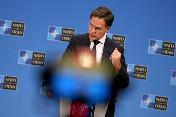 NATO Secretary General Mark Rutte speaks during a media conference prior to a meeting of NATO foreign ministers at NATO headquarters in Brussels,Tuesday, Dec. 3, 2024. (AP Photo/Virginia Mayo)