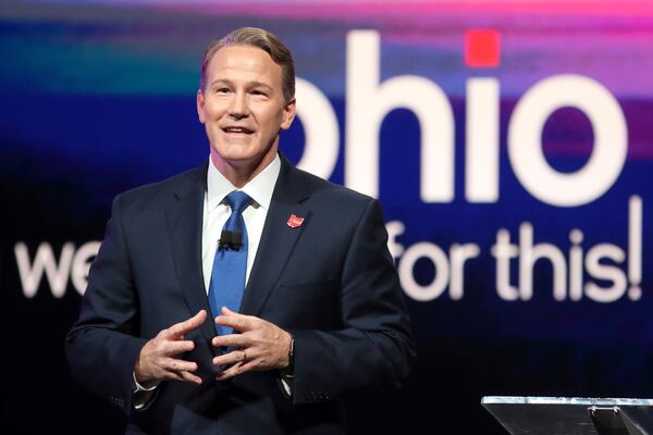 FILE - Ohio Lieutenant Governor Jon Husted speaks during a news conference, Jan. 21, 2022 in Newark, Ohio. (AP Photo/Paul Vernon, File)