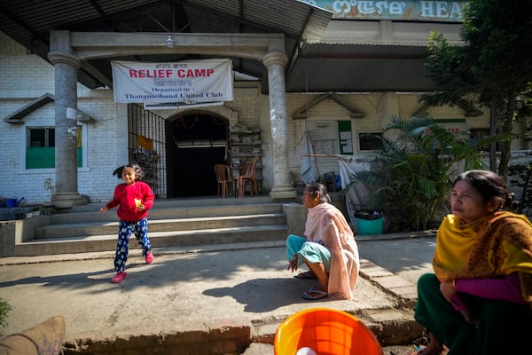 A Meitei girl plays in a relief camp in Imphal, Manipur, Monday, Dec. 16, 2024. (AP Photo/Anupam Nath)