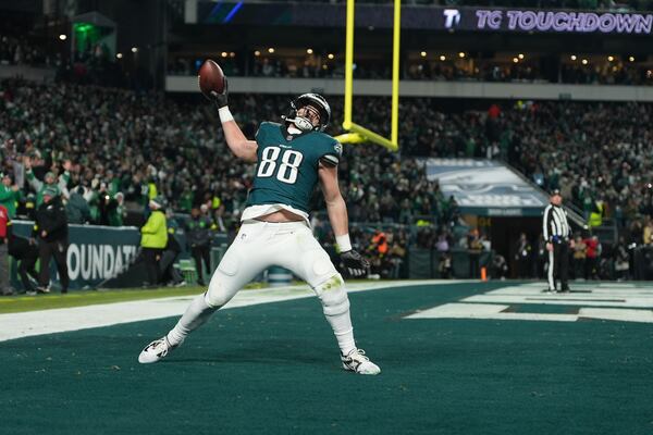 Philadelphia Eagles tight end Dallas Goedert celebrates his touchdown during the second half of an NFL wild-card playoff football game against the Green Bay Packers on Sunday, Jan. 12, 2025, in Philadelphia. (AP Photo/Matt Slocum)