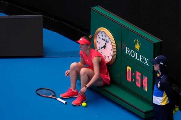 Elina Svitolina of Ukraine sits during a break in her fourth round match against Veronika Kudermetova of Russia at the Australian Open tennis championship in Melbourne, Australia, Monday, Jan. 20, 2025. (AP Photo/Asanka Brendon Ratnayake)