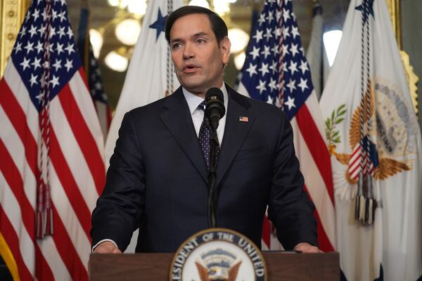 Secretary of State Marco Rubio speaks after being sworn in by Vice President JD Vance in the Vice Presidential Ceremonial Office in the Eisenhower Executive Office Building on the White House campus, Tuesday, Jan. 21, 2025, in Washington. (AP Photo/Evan Vucci)