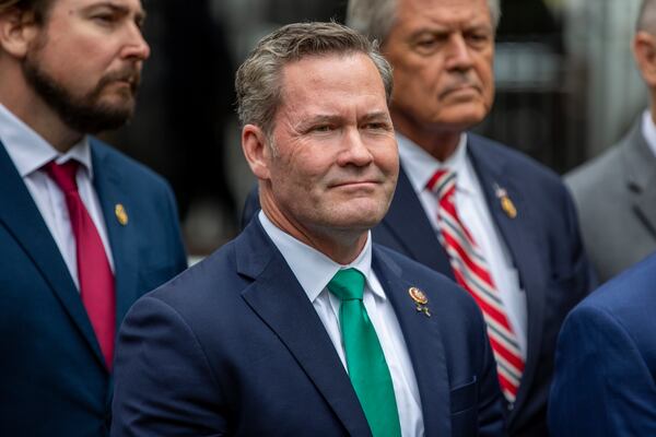 FILE - Rep. Michael Waltz, R-Fla., speaks outside the hush money criminal case of former president Donald Trump in New York, May 16, 2024. (AP Photo/Ted Shaffrey, File)