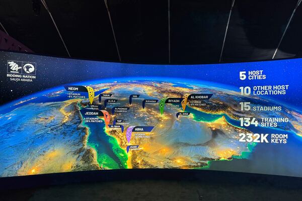 A map at the Saudi Arabia World Cup bid exhibition in Riyadh, Saudi Arabia, Wednesday Dec. 11, 2024, showing the proposed host cities and venues for the 2034 World Cup. (AP Photo/Baraa Anwer)