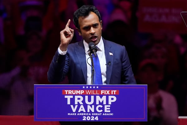 Vivek Ramaswamy speaks before Republican presidential nominee former President Donald Trump at a campaign rally at Madison Square Garden, Sunday, Oct. 27, 2024, in New York. (AP Photo/Evan Vucci)