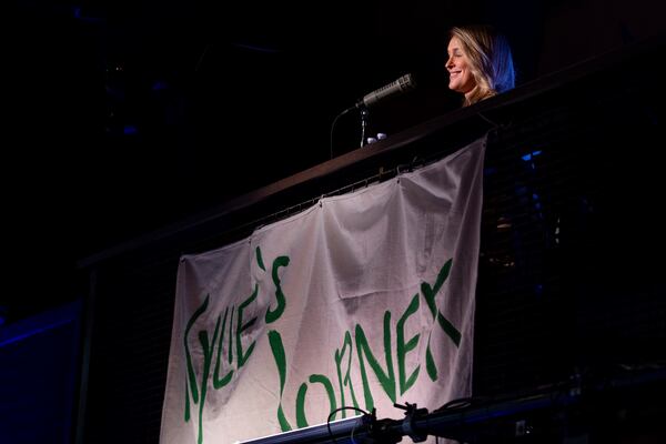 Kylie Kelce gives the thumbs up from "Kylie's Corner" during the taping of "They Call It Late Night with Jason Kelce", Friday, Jan. 3, 2025, in Philadelphia. (AP Photo/Chris Szagola)