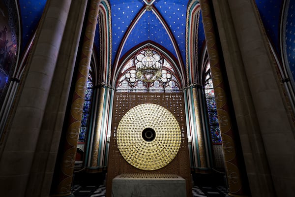 The Crown of thorns inside the reliquary of the Crown of Thorns designed by French Artist Sylvain Dubuisson is seen in of Notre-Dame de Paris cathedral while French President Emmanuel Macron visits the restored interiors of the monument, Friday Nov. 29, 2024, in Paris. (Stephane de Sakutin, Pool via AP)