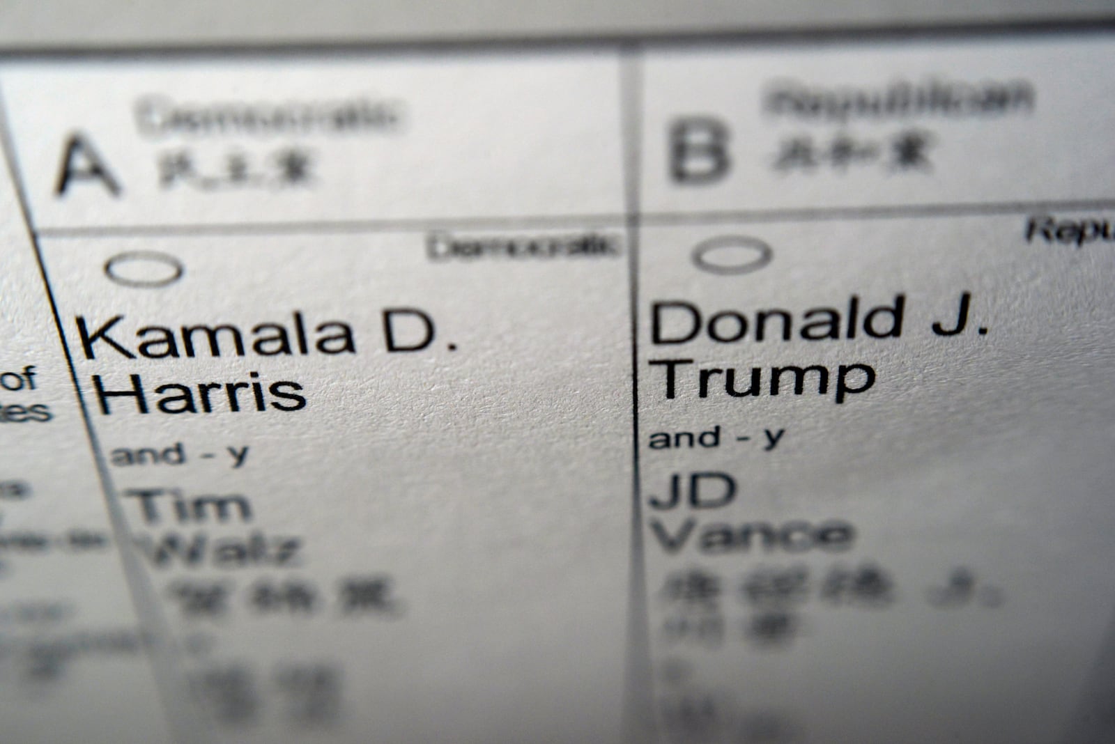 Candidates for president and vice president of the United States, Democrats Vice President Kamala Harris and Minnesota Gov. Tim Walz, and Republicans former President Donald Trump and Sen. JD Vance, R-Ohio, are seen on part of a mail-in election ballot in New York on Sunday, Nov. 3, 2024. (AP Photo/Patrick Sison)