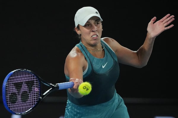 Madison Keys of the U.S. plays a forehand return to Aryna Sabalenka of Belarus during the women's singles final at the Australian Open tennis championship in Melbourne, Australia, Saturday, Jan. 25, 2025. (AP Photo/Vincent Thian)