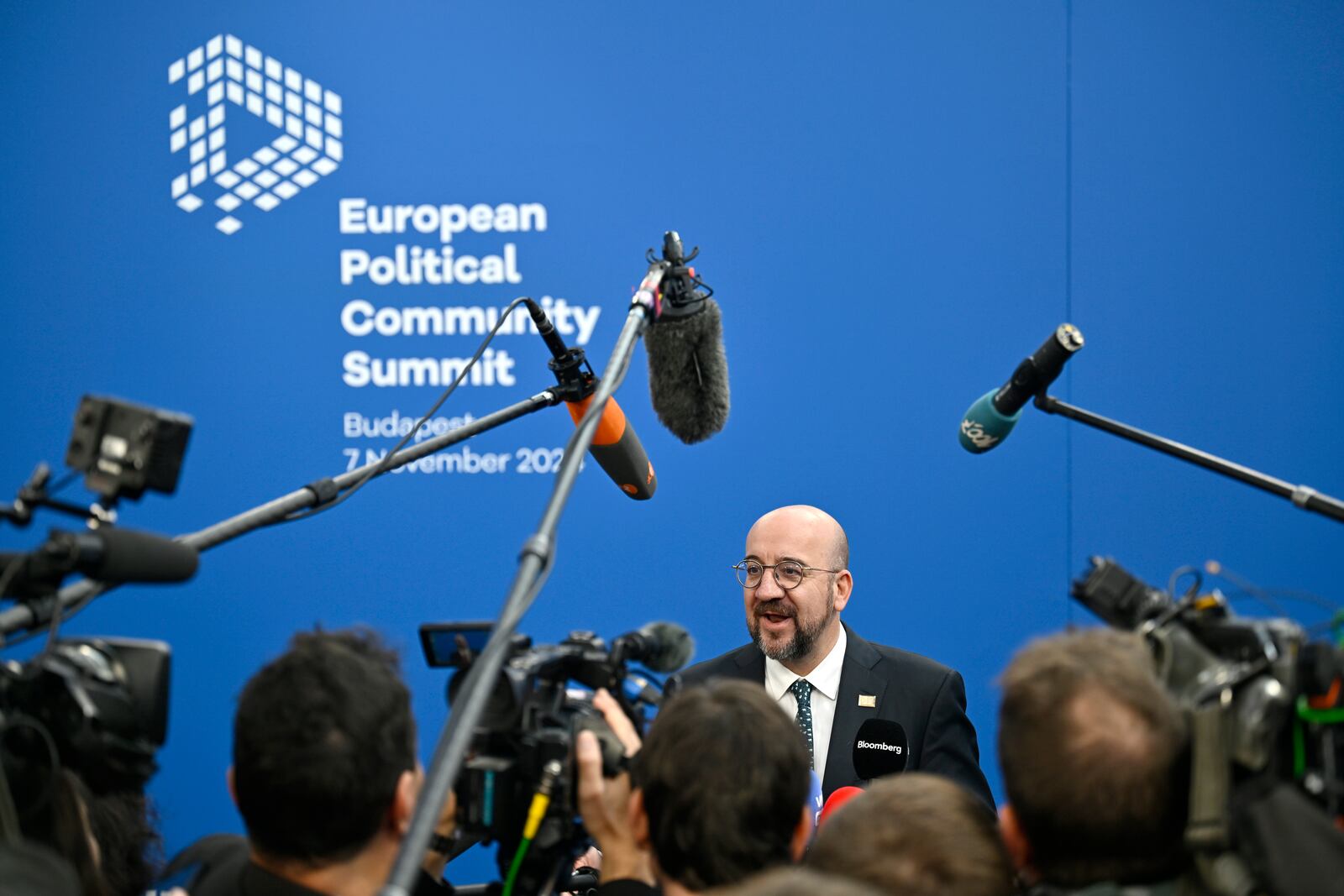 European Council President Charles Michel speaks with the media as he arrives for the European Political Community (EPC) Summit at the Puskas Arena in Budapest, Thursday, Nov. 7, 2024. (AP Photo/Denes Erdos)