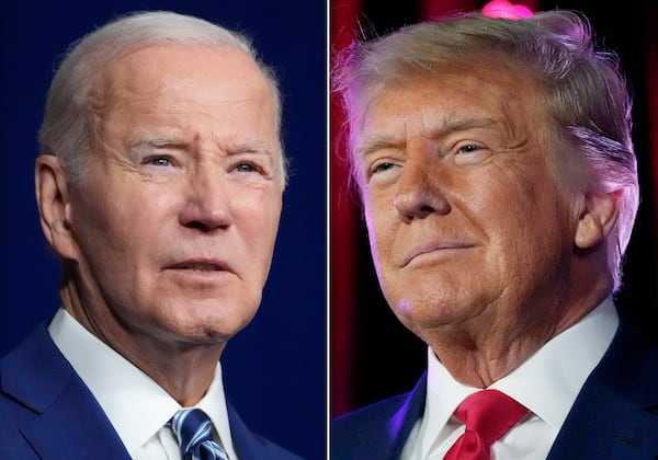 FILE - This combination of photos show President Joe Biden, left, in Salt Lake City on Aug. 10, 2023, and former President Donald Trump in Las Vegas on July 8, 2023. (AP Photo, File)