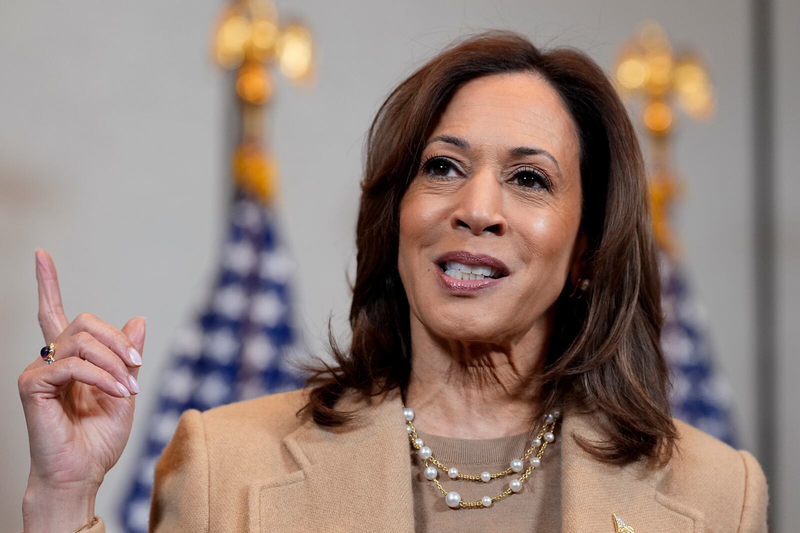 Democratic presidential nominee Vice President Kamala Harris speaks to the media at the Pfister Hotel in Milwaukee, Saturday, Nov. 2, 2024. (AP Photo/Jacquelyn Martin)