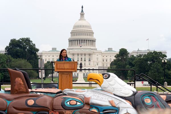 FILE - Interior Secretary Deb Haaland speaks during a totem pole delivery ceremony by Native American tribal leaders and Indigenous activists, on Capitol Hill in Washington, Thursday, July 29, 2021. (AP Photo/Jose Luis Magana, File)