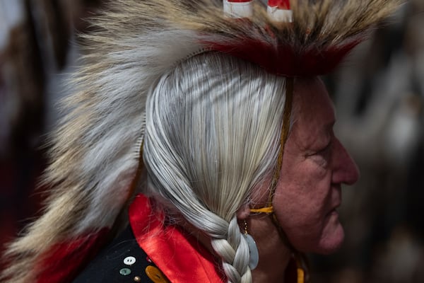 Stuart Whitehead dances during a powwow at Chinook Winds Casino Resort, Saturday, Nov. 16, 2024, in Lincoln City, Ore. (AP Photo/Jenny Kane)