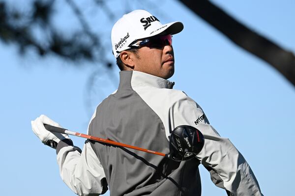 Hideki Matsuyama hits his tee shot on the 11th hole of the North Course at Torrey Pines during the second round of the Farmers Insurance Open golf tournament Thursday, Jan. 23, 2025, in San Diego. (AP Photo/Denis Poroy)