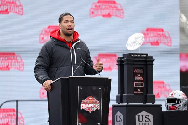 Ohio State linebacker Cody Simon speaks during the National Championship football celebration at Ohio Stadium in Columbus, Ohio, Sunday, Jan. 26, 2025. (AP Photo/Joe Maiorana)