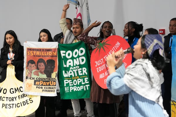 Activists participate in a demonstration for transforming food systems at the COP29 U.N. Climate Summit, Tuesday, Nov. 19, 2024, in Baku, Azerbaijan. (AP Photo/Rafiq Maqbool)