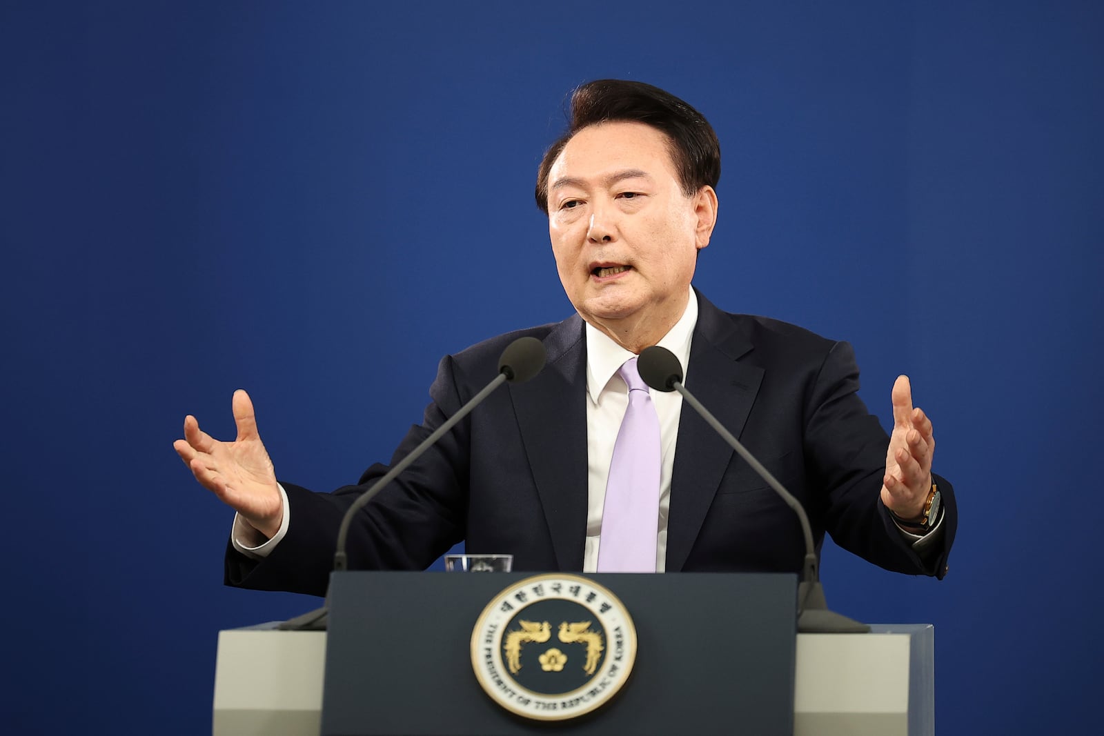 South Korean President Yoon Suk Yeol answers a reporters' question during a news conference at the Presidential Office in Seoul, South Korea Thursday, Nov. 7, 2024. (Kim Hong-Ji/Pool Photo via AP)