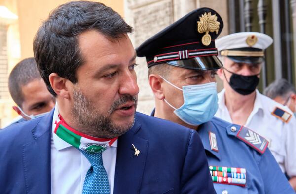 Former Interior minister Matteo Salvini leaves the Senate prior to a vote on lifting his immunity for a trial on Aug 2019 Open Arms case, in Rome Thursday, July 30, 2020. (Mauro Scrobogna/LaPresse via AP, File)