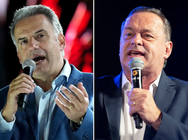 FILE - This photo combo shows presidential frontrunner Yamandu Orsi, left, of the Broad Front coalition, on Oct. 22, 2024, and opponent, National Party candidate Alvaro Delgado, on Nov. 20, 2024, both in Montevideo, Uruguay. (AP Photo Matilde Campondonico, left; and AP Photo Santiago Mazzarovich, File)