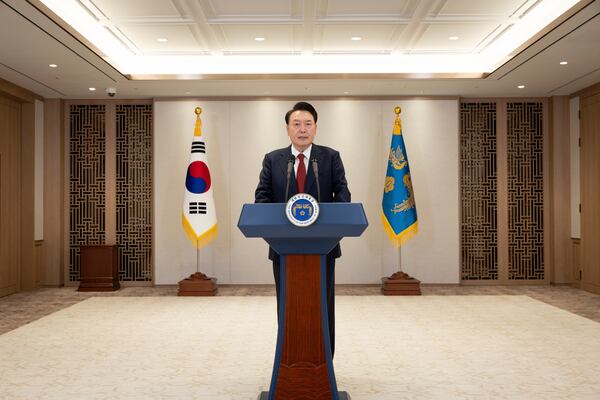 In this photo provided by South Korea Presidential Office, South Korean President Yoon Suk Yeol speaks at the presidential office in Seoul, South Korea, Thursday, Dec. 12, 2024. (South Korea Presidential Office via AP)