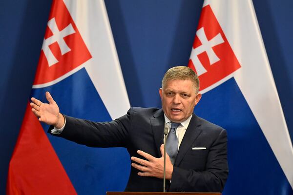 FILE - Slovakia's Prime Minister Robert Fico speaks during a press conference with Hungary's Prime Minister Viktor Orban at the Carmelite Monastery in Budapest, Hungary, Jan. 16, 2024. (AP Photo/Denes Erdos, File)