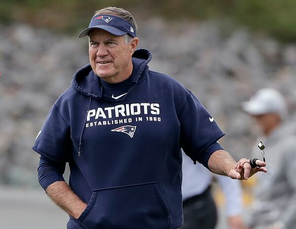 FILE - New England Patriots head coach Bill Belichick twirls his whistle during an NFL football practice, Wednesday, Sept. 18, 2019, in Foxborough, Mass. (AP Photo/Steven Senne, File)