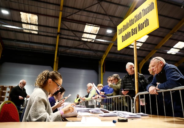 Counting begins for Ireland's General Election at the Royal Dublin Society in Dublin, Ireland, Saturday, Nov. 30, 2024. (AP Photo/Peter Morrison)