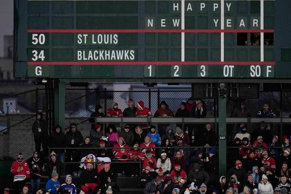 Fans sit underneath the scoreboard before NHL Winter Classic outdoor hockey game featuring the Chicago Blackhawks and St. Louis Blues at Wrigley Field, Tuesday, Dec. 31, 2024, in Chicago. (AP Photo/Erin Hooley)