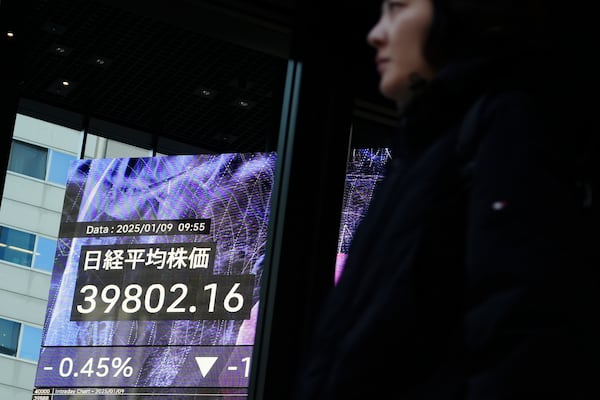 A person walks in front of an electronic stock board showing Japan's Nikkei index at a securities firm Thursday, Jan. 9, 2025, in Tokyo. (AP Photo/Eugene Hoshiko)