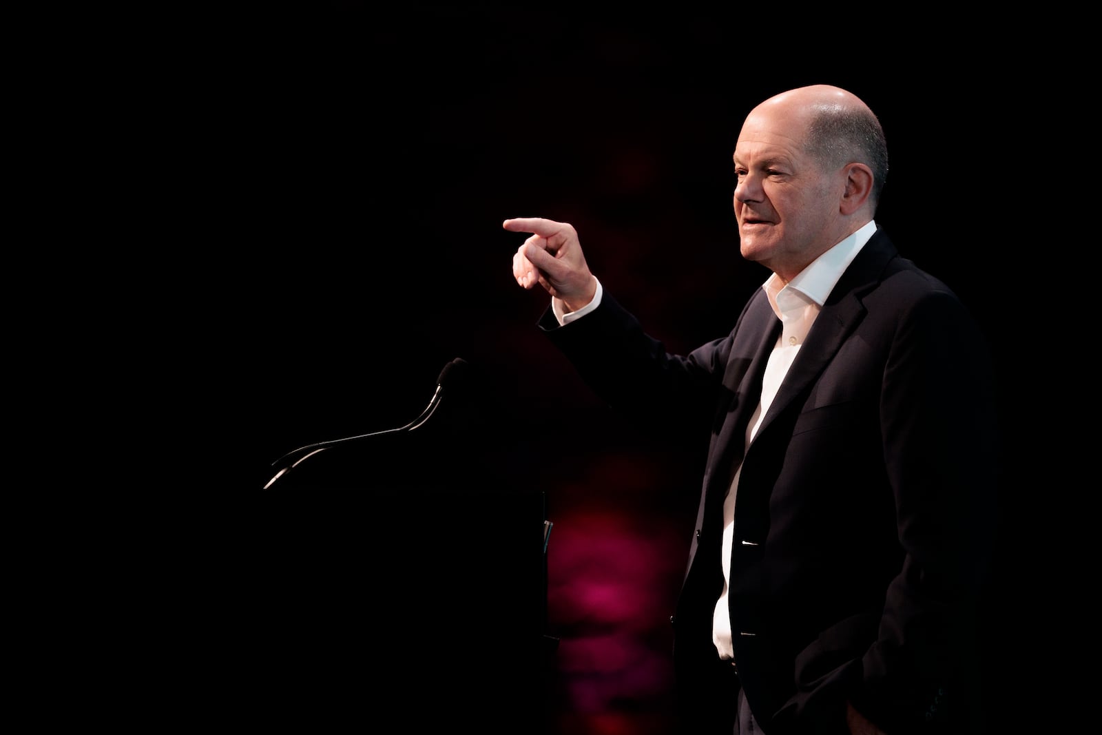 German Chancellor Olaf Scholz speaks to participants at the Deutsche Telekom AG forum, in Berlin, Thursday, Nov. 7, 2024. (Carsten Koall/dpa via AP)