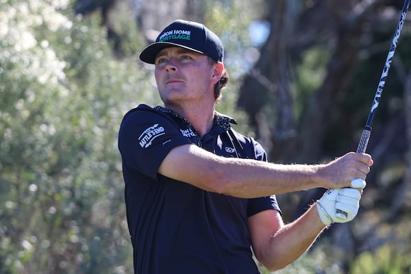 Luke Clanton watches his drive from the second tee during the final final round of the RSM Classic golf tournament, Sunday, Nov. 24, 2024, in St. Simons Island, Ga. (AP Photo/Gary McCullough)