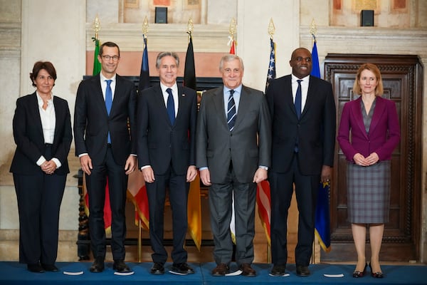 From left, Anne Grillo, Director of the Middle East and North Africa Department at the French Ministry of Foreign Affairs, Günter Sautter, German Political Director of the Ministry of Foreign Affairs, United States Secretary of State Antony Blinken, Italian Foreign Minister Antonio Tajani, Britain's Foreign Secretary David Lammy, and EU High Representative for Foreign Affairs and Security Policy Kaja Kallas, pose for a family photo during a meeting, Thursday, Jan. 9, 2025, at Rome's Villa Madama, on the situation in Syria after the collapse of the Assad regime. (AP Photo/Andrew Medichini