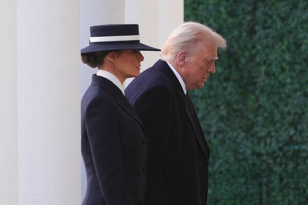 President-elect Donald Trump and his wife Melania arrive for church service at St. John's Episcopal Church across from the White House in Washington, Monday, Jan. 20, 2025, on Donald Trump's inauguration day. (AP Photo/Matt Rourke)