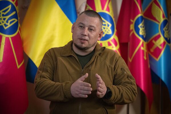 Deputy Head of the Ukrainian President's Office, Col. Pavlo Palisa, speaks during an interview with The Associated Press in Kyiv, Ukraine, Wednesday, Jan. 22, 2025. (AP Photo/Efrem Lukatsky)