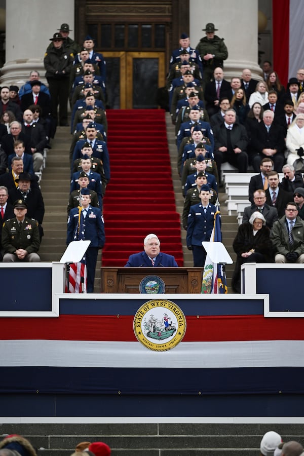 West Virginia Governor Patrick Morrisey speaks following his swearing in at the state capitol in Charleston, W.Va., on Monday, Jan. 13, 2025. (AP Photo/Chris Jackson)