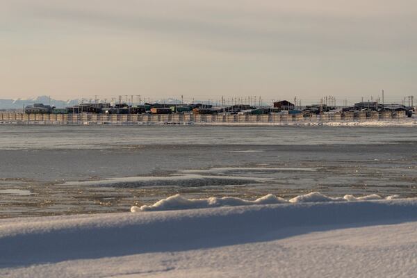 The village of Kaktovik is seen from across the waters of Pipsuk Bight, Tuesday, Oct. 15, 2024, in Kaktovik, Alaska. (AP Photo/Lindsey Wasson)