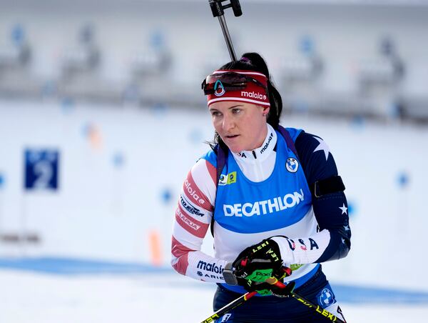 FILE - Joanne Reid, of the United States, competes during the women's 7.5 km sprint competition at the Biathlon World Cup event in Pokljuka, Slovenia, on Jan. 5, 2023. (AP Photo/Darko Bandic, File)