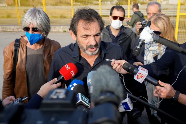 Open Arms founder Oscar Camps talks to the media as he arrives at a at Palermo's court room where a trial against former Italian minister of interior Matteo Salvini, accused for the kidnapping of migrants, is being held, Saturday, Oct. 23, 2021. (AP Photo/Gregorio Borgia, File)