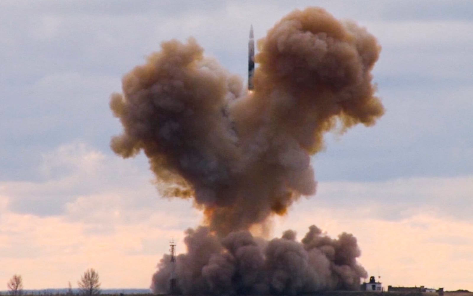 FILE - In this image taken from video provided by RU-RTR Russian television via AP television on Thursday, March 1, 2018, the Avangard hypersonic vehicle blasts off during a test launch at an undisclosed location in Russia. (RU-RTR Russian Television via AP, File)